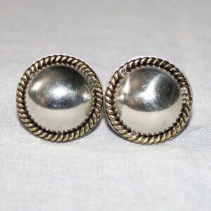 Vintage Taxco Mexico Sterling Silver & Brass Button Earrings 10 Grams